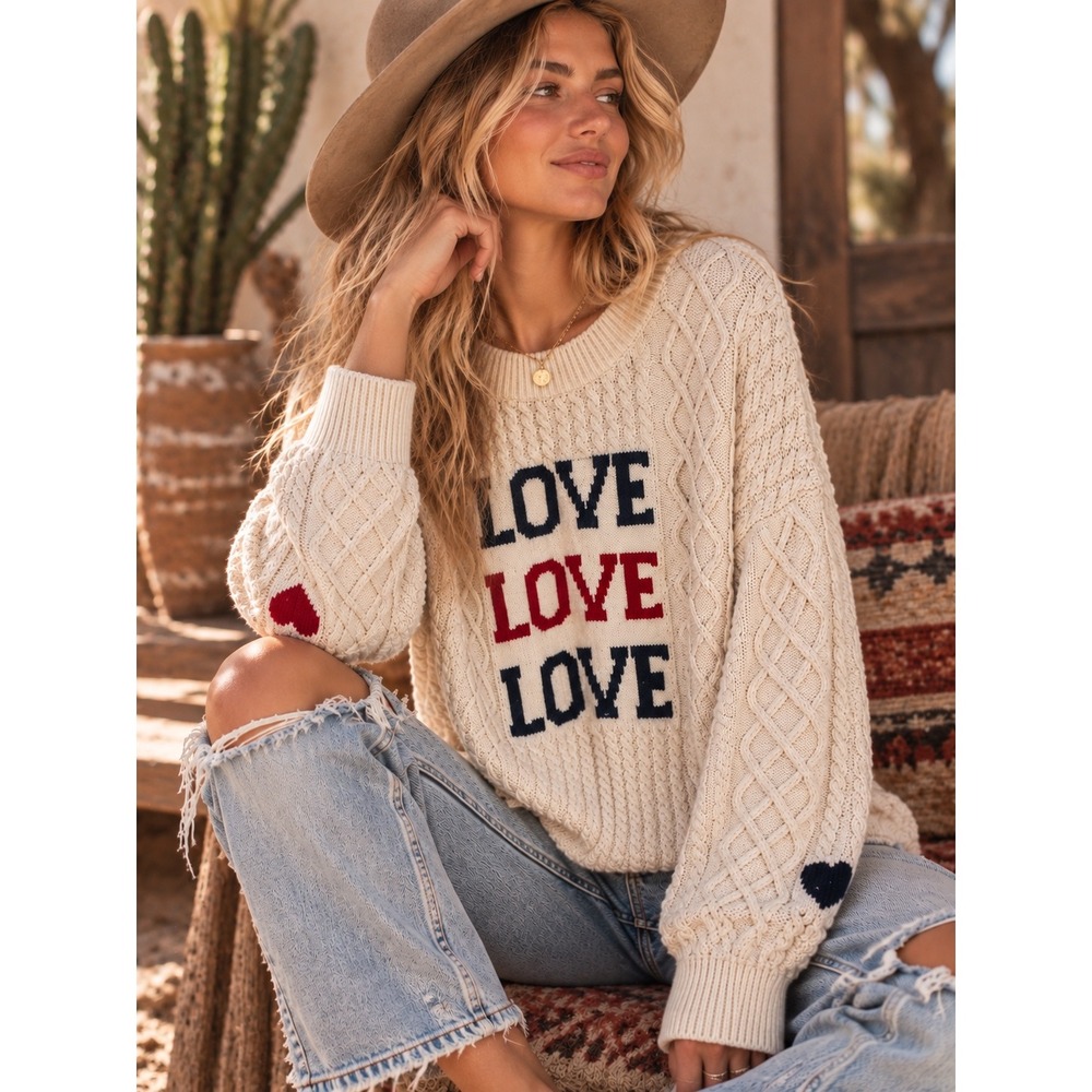 Altar'd State Women XL Cream Cable Knit Love Love Love Heart Elbow Sweater